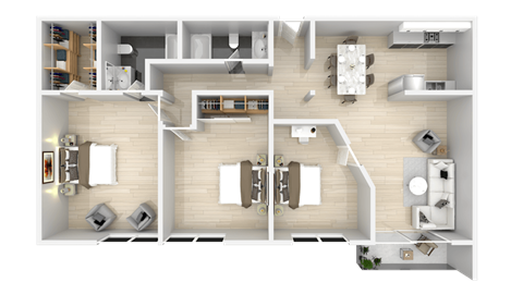 Floor plan for 3 beds, 2 baths, 1015 sqft